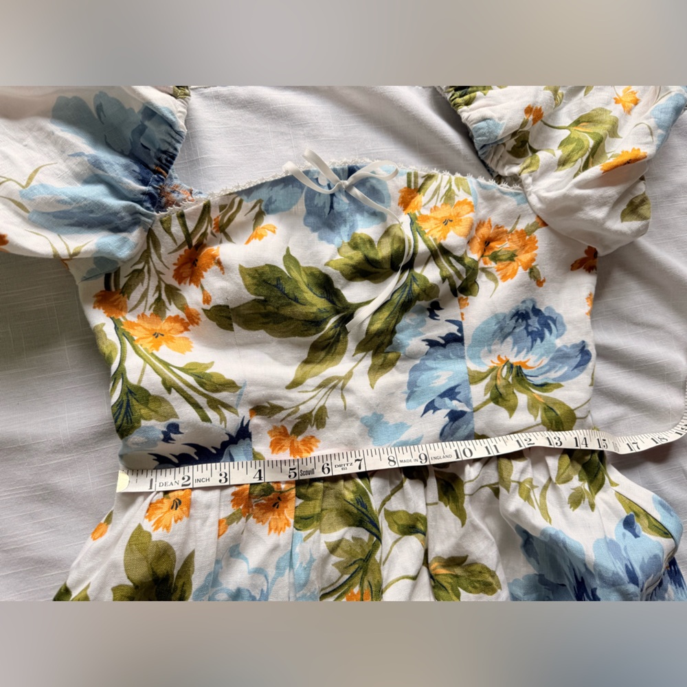 Reformation Marbella Floral Midi Linen A-Line Dress Botanist‎ Puff Sleeve Size 8 - Picture 12 of 15